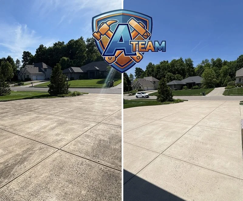 Tipp City driveway before and after pressure washing by A-Team Contracting