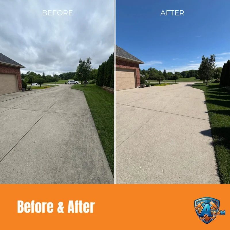 Concrete driveway before and after cleaning